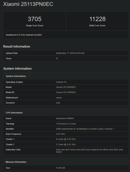 Ny Snapdragon 8 Elite Gen 5 Geekbench-poäng (bildkälla: Geekbench)