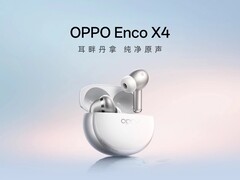 En reklambild som visar Oppo Enco X4-öronsnäckorna i vitt.