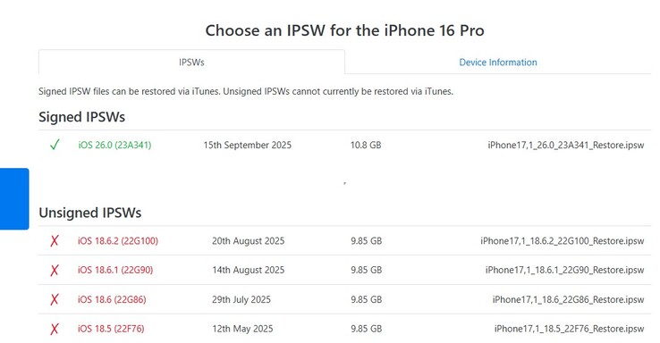 Från och med den 23 september är iOS 26.0 den enda signerade versionen av iOS som är tillgänglig för iPhone 16-serien och andra iOS 26-enheter. (Bildkälla: IPSW)