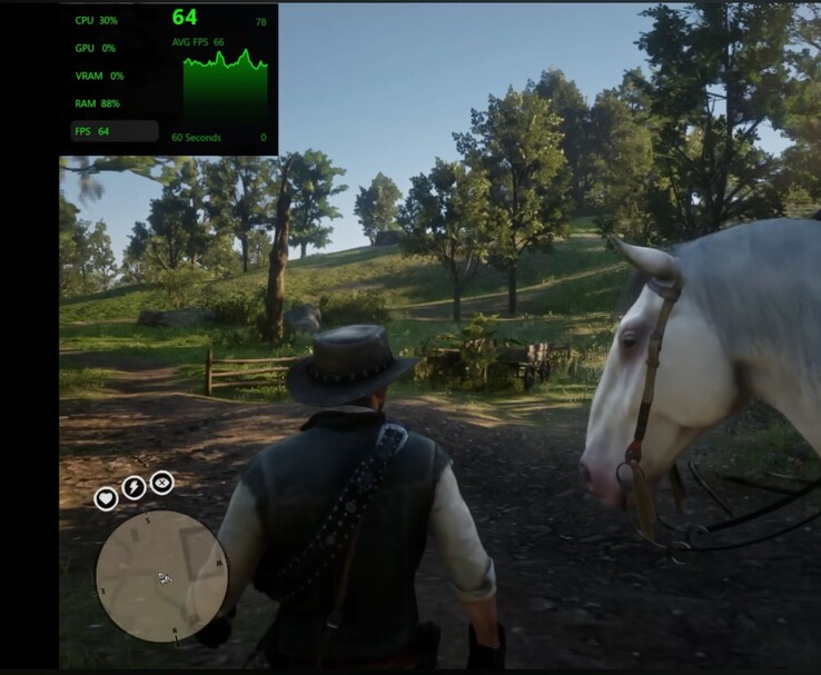 Red Dead Redemption 2-spel på Snapdragon X2 Elite med synligt prestandaöverlägg