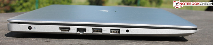vänster: nätanslutning, HDMI, RJ45-LAN, 2x USB 3.1, kombinerad ljudanslutning (hörlurar/mikrofon)
