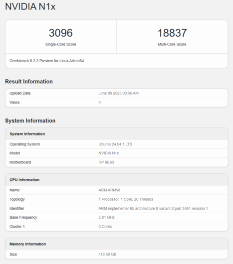 Nvidia N1X Geekbench-lista (bildkälla: Geekbench)