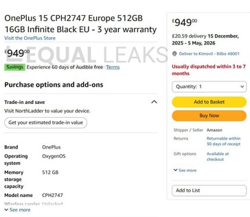 OnePlus 15-listning i Amazon UK (Bildkälla: Lika läckor)