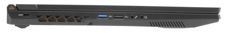 Till vänster: Kabelspärrplats, USB 3.2 gen. 1 (USB-A), USB 2.0 (USB-A), mikrofonintag, kombinerat ljuduttag