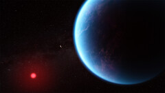 En visualisering av K2-18b baserad på aktuella vetenskapliga data, som visar hur den avlägsna exoplaneten kan se ut. (Bildkälla: NASA, ESA, Joseph Olmsted)