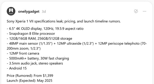 Förmodade specifikationer för Sony Xperia 1 VII. (Bildkälla: oneilygadget)