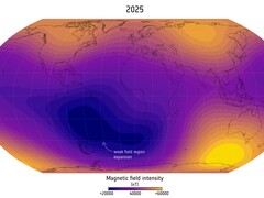 En representation av den sydatlantiska anomalin år 2025 (Bildkälla: Finlay, C.C. et al., 2025; beskuren)