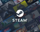 Steam-logotypen mot ett urval av miniatyrbilder av spel.