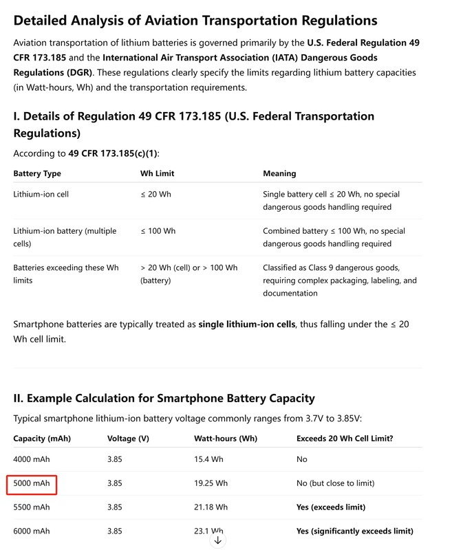 Enligt US Aviation Transportation Regulation 49 CFR 173.185 måste alla litiumbatterier med en kapacitet på över 20 Wh per battericell klassificeras som farligt gods.