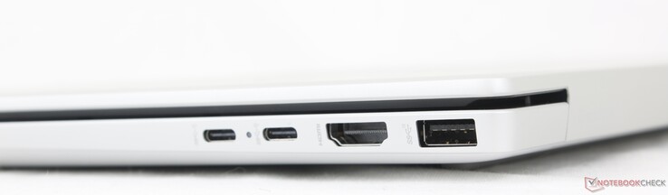 Höger: 2x USB-C med DisplayPort + Power Delivery (10 Gbps), HDMI 2.1, USB-A (10 Gbps)