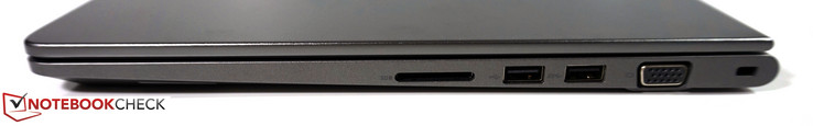Right side: SD card reader, 1x USB 2.0, 1x USB 3.0, VGA, Kensington lock