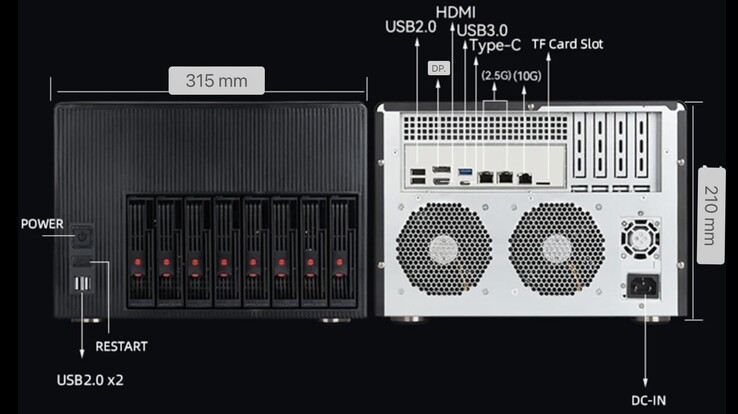 Bakre och främre I/O på XYC X108 NAS PC. (Bildkälla: AndroidPC.es)