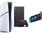 Från vänster till höger: PS5 Slim, Xbox Series X, Nintendo Switch. (Bildkälla: Amazon, redigerad)