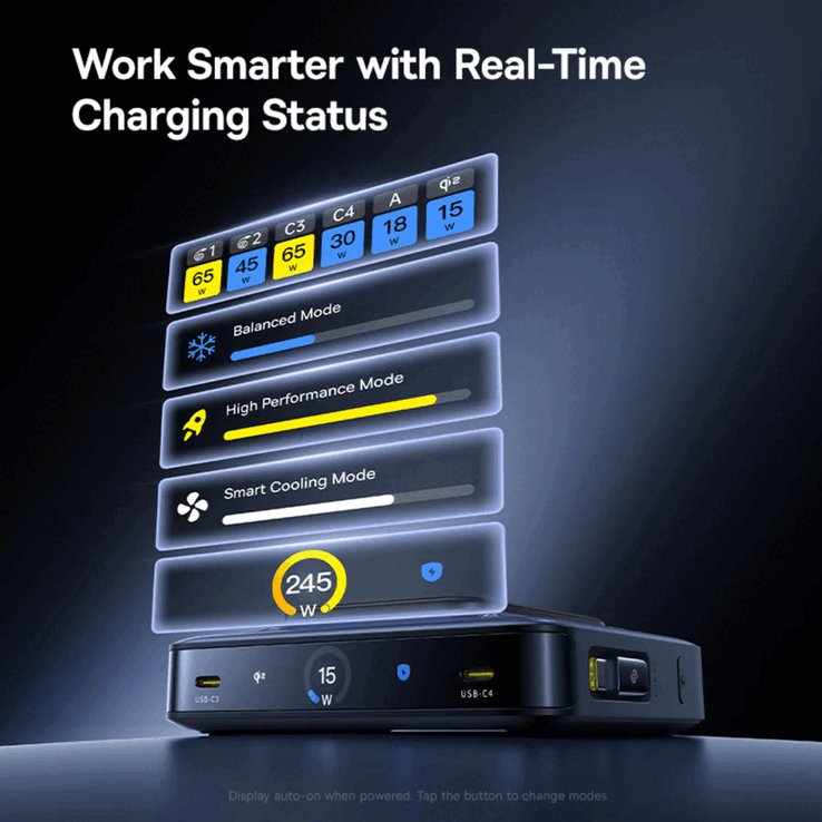 Baseus Nomos NH21 6-in-1 GaN stationär laddningsstation har en 3-tums LCD-display (Bildkälla: Baseus)