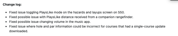 Ändringsloggen för systemprogramvara 8.04 för Garmin Approach S44 och S50 smartklockor. (Bildkälla: skärmdump från Garmin forum)