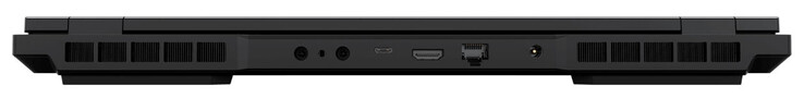 Baksida: 2x kontakter för vattenkylning, Thunderbolt 4/USB 4 (USB-C; Power Delivery, Displayport, G-Sync), HDMI, Gigabit Ethernet (2,5 GBit/s), strömkontakt