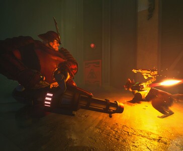 Agent T.H.U.N.D.E.R. bekämpar en tungt bepansrad fiende med en eldkastare i Barkour, med hjälp av monterade högteknologiska vapen. (Bildkälla: Varsav Game Studios via Steam)