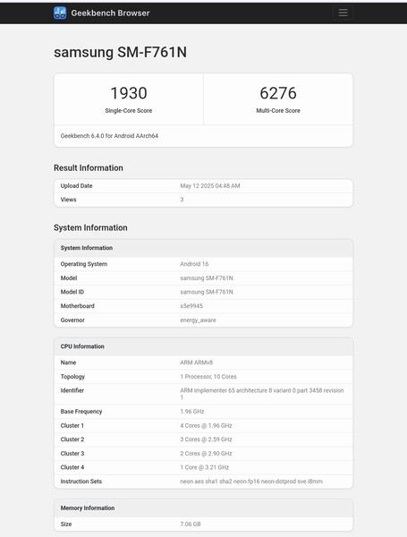 Galaxy Z Flip FE Geekbench-lista (bildkälla: Abhishek Yadav på X)