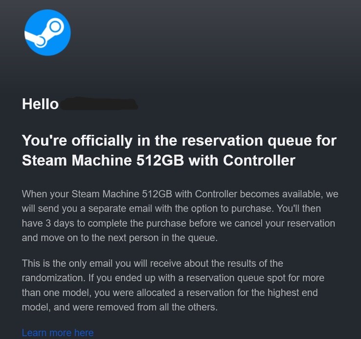 E-postmeddelande om förbeställning av Steam Machine.