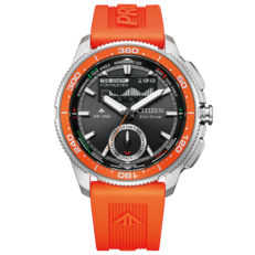 Produktbild framifrån av Citizen Promaster Wave Tracker JV3000-13E med orange gummirem, orange boett, svart urtavla och analog-digital regattatimervisning.