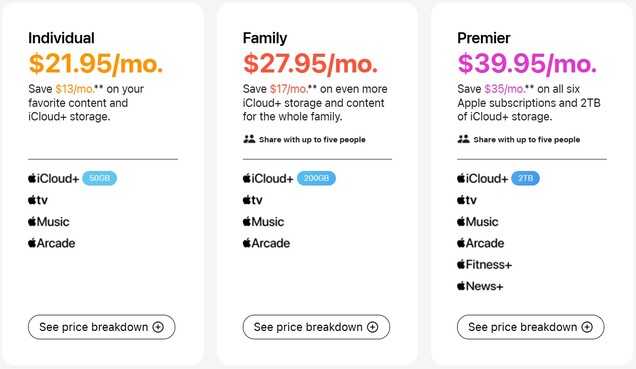 Apple One-abonnemang med priser för USA.