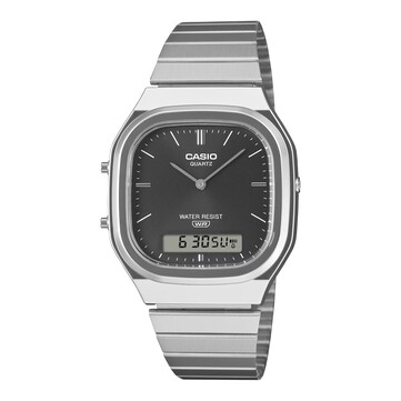 Casio AQ-240E-1A, en retroklocka med analog-digital visning, svart urtavla med solstrålemönster, silverfärgat boett och armband i rostfritt stål.