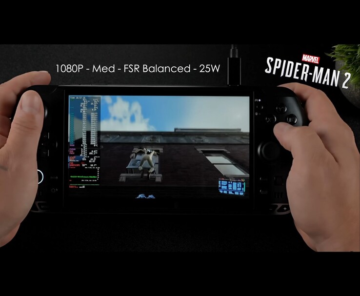 GPD Win 5 handhållen speldator som kör Marvel's Spider-Man 2 i 1080p Medium-inställningar med FSR Balanced och en TDP på 25 W. (Bildkälla: ETA PRIME via YouTube)