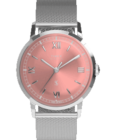 Timex x Todd Snyder Marlin Mesh-klocka med en laxrosa urtavla med solstrålemönster och armband i rostfritt stål.