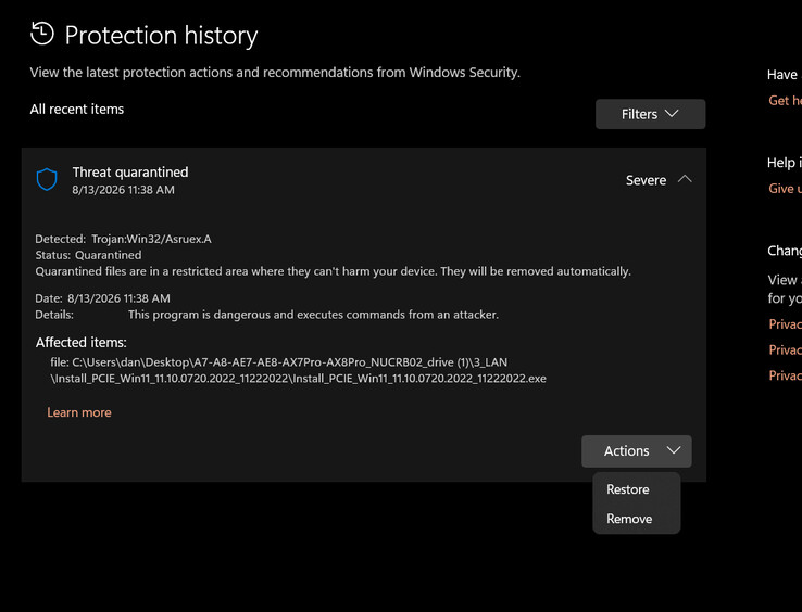 Den körbara filen som flaggats av Windows Defender