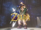 Banner för remaken av Zelda: Ocarina of Time som visar Link med Master Sword i handen
