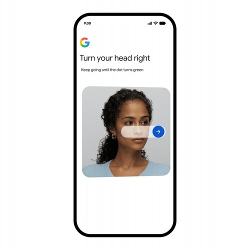 Google-skärm som uppmanar användaren att vända huvudet åt höger