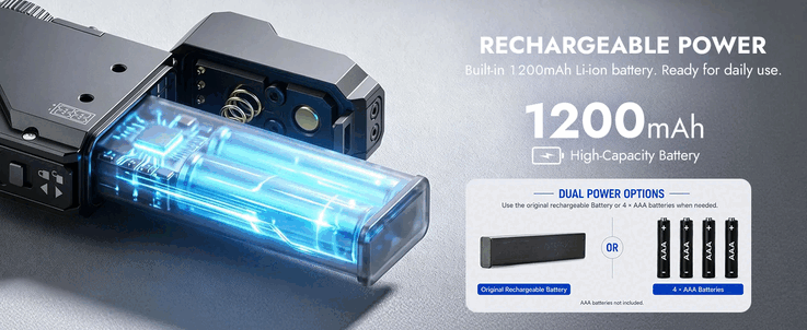 Batteriet kan tas ut och ersättas med AAA-celler.