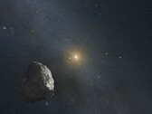 En illustration som visar en asteroid och en stjärna.