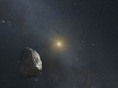 En illustration som visar en asteroid och en stjärna.