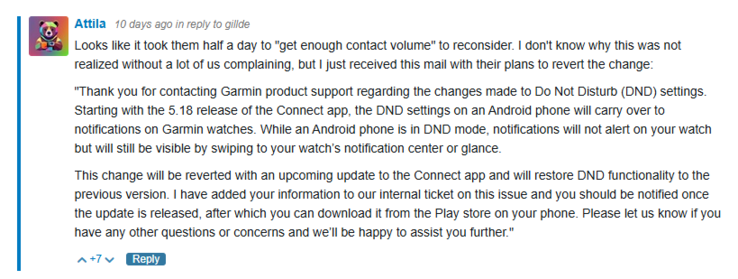 En skärmdump av en port i Garmin Forum med ett meddelande från Garmin. (Bildkälla: Garmin Forum)