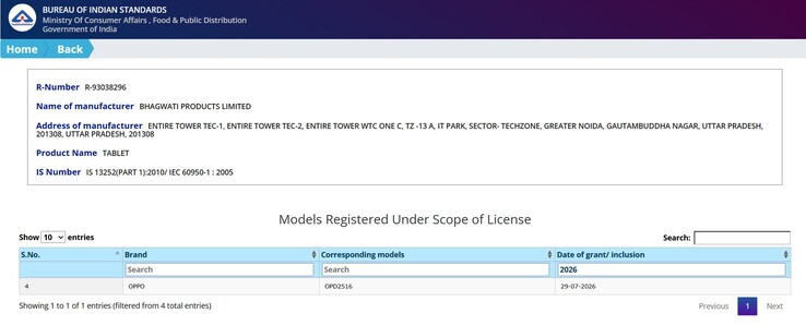 BIS-registrering av Oppo-surfplattan med modellnummer ”OPD2516”.