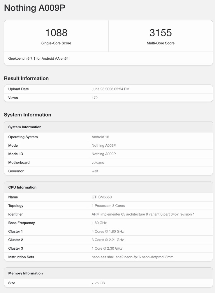 Geekbench-uppgifter om den förväntade Nothing Phone (4b).