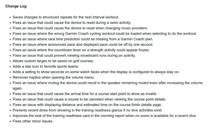 Ändringsloggen för betaversion 16.14-uppdateringen för Garmin Forerunner 570 och Forerunner 970 smartklockor. (Bildkälla: skärmdump av Garmin forum)
