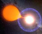 En konstnärsillustration som visar en nova som suger materia från sin värdstjärna. (Bildkälla: K. Ulaczyk, Warszawas universitetsobservatorium)