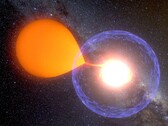 En konstnärsillustration som visar en nova som suger materia från sin värdstjärna. (Bildkälla: K. Ulaczyk, Warszawas universitetsobservatorium)