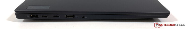 Till vänster: Ström (SlimTip), 2x USB-C med Thunderbolt 4 (USB 4, 40 GBit/s, DisplayPort-ALT mode 1.4a, Power Delivery 3.0), HDMI 2.0, 3,5 mm ljud