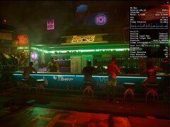Cyberpunk 2077 körs på macOS 26 Tahoe med MetalFX-raminterpolering aktiverad på en MacBook Pro M1 Max. (Bildkälla: Blendlogic Tech på YouTube)