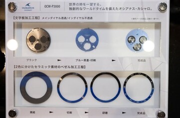 Tillverkningsprocessen för den keramiska ramen och urtavlan på Casio Oceanus OCW-P3000, som visar insatsen och urtavlan i olika produktionsstadier.