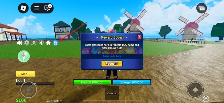 Klicka på gåvoikonen som visas på bilden här (Bildkälla: Roblox)