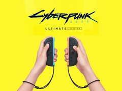 Cyberpunk 2077: Ultimate Edition-logotypen ovanför Switch 2 Joy-Cons (Bildkälla: Nintendo of America med ändringar)