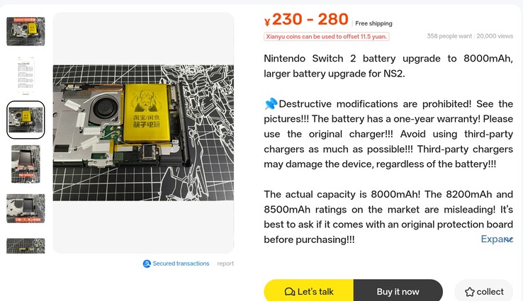 Xianyu-annonsen för ett utökat 8 000 mAh-batteri till Nintendo Switch 2