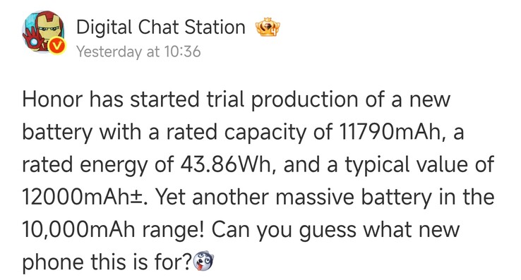 En telefon från Honor med ett batteri på 12 000 mAh kan vara på väg, enligt läckaren Digital Chat Station