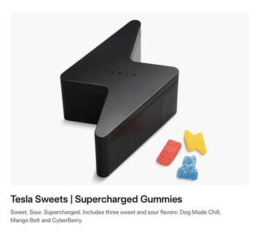 Godisförpackningen med Tesla Supercharged Gummies.