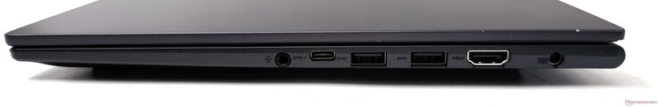 Höger: 3,5 mm kombinerat ljuduttag, USB 3.2 Gen1 Type-C med PD, 2x USB 3.2 Gen1 Type-A, HDMI 1.4-utgång, DC-in