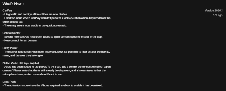 Ändringsloggen för iOS-appen Home Assistant version 2026.1. (Bildkälla: skärmdump från Apple App Store)